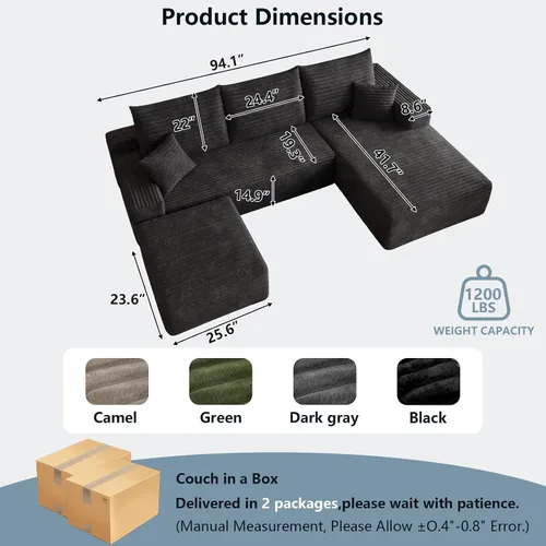Vista 2 de Sofá modular Cloud de 95 pulgadas con otomana, moderno sofá nube en forma de U con asiento profundo, cómodo sofá de pana de 3 plazas, sofá de espuma