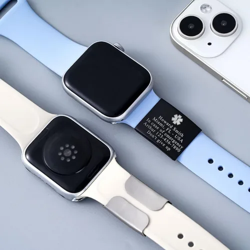 Vista 3 de Etiqueta de alerta médica personalizada para correa de reloj, etiqueta de identificación médica grabada personalizada para Apple Watch Band Fitness