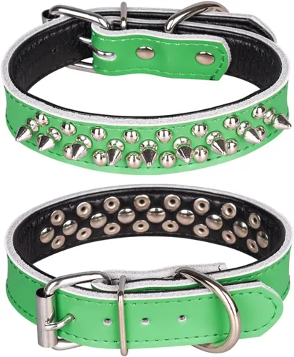 Vista 6 de Collar de perro con tachuelas, collar de perro de cuero genuino, collares ajustables para mascotas pequeñas o medianas (S, negro-1)