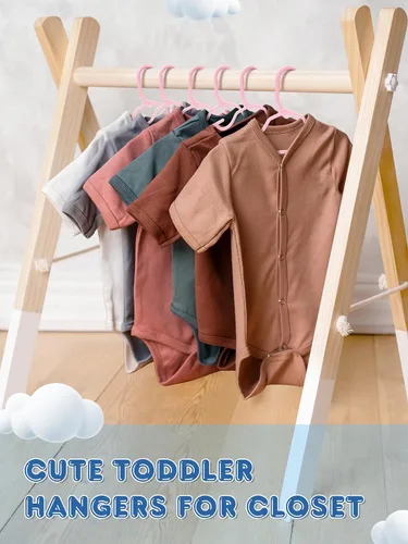 Vista 5 de Paquete de 60 perchas de plástico para niños, color rosa para uso diario 11.4-Inch Baby Clothes Hangers Fit Newborn to Toddler, Non-Slip Notches