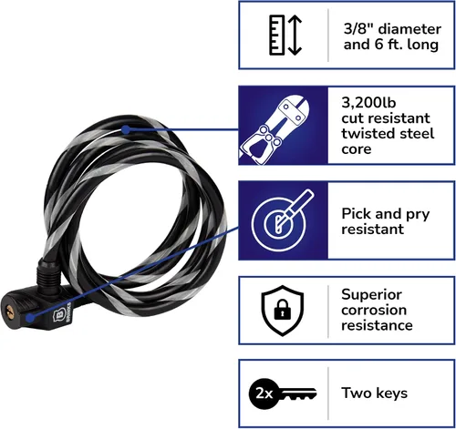 Vista 5 de BRINKS - Cable de bucle de acero flexible de bloqueo con llave de 3/8" X 6' - Envoltura de vinilo resistente para protección contra la corrosión