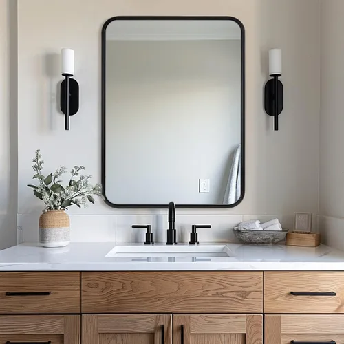 Vista 60 de Espejo de latón para baño, espejo rectangular redondeado de 22x30 pulgadas con marco de metal cepillado dorado, espejo de tocador de baño sin