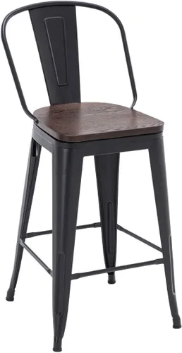 Vista 7 de HAOBO Home Juego de 4 taburetes de bar giratorios de metal con respaldo alto (negro mate con asiento de madera, giratorios de 24 pulgadas)