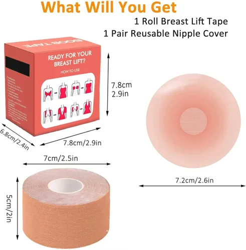Vista 2 de Juego de 2 cintas para pechos y 2 fundas de silicona sin espalda transpirable impermeable y resistente al sudor para levantamiento de senos cinta