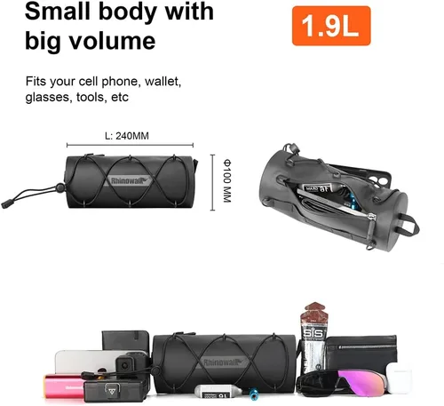 Vista 3 de Rhinowalk Bolsa de manillar impermeable para bicicleta, bolsa frontal de bicicleta, bolsa de almacenamiento enrollable Fram para bicicletas