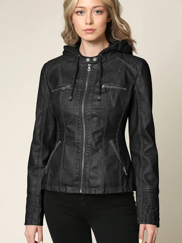 Vista 4 de Lock and Love - Chaqueta de motociclista de cuero sintético con capucha extraíble para mujer