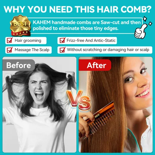 Vista 4 de KAHEM Peine desenredante grande de dientes anchos para mujeres, hombres y niños, hecho a mano para cabello rizado, largo y corto, peine profesional