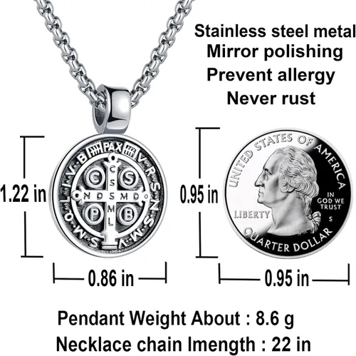 Vista 6 de FSYAEGZA Collar con colgante de medalla de exorcismo de San Benito para hombre, de acero inoxidable, colgante de cruz religiosa católica, colgante