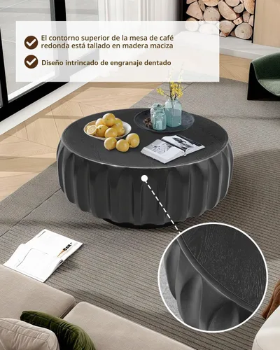 Vista 4 de Mesa de centro de tambor de 31.5 pulgadas, moderna mesa de té acanalada única, mesa de centro redonda de madera contemporánea con mesa central Negro