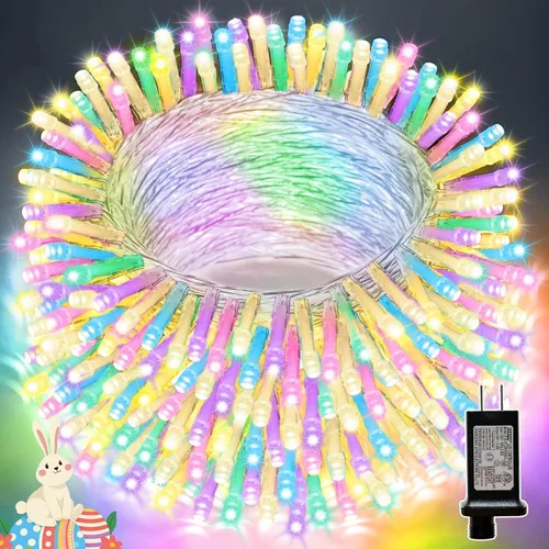 Vista 10 de Guirnalda de 100 luces LED de Pascua de 33 pies enchufables, multicolor pastel, 16 modos de luces parpadeantes, guirnalda de luces impermeables