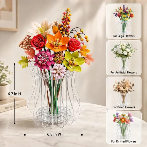Vista 6 de Upgraded Acrylic Vase for Lego Flowers Bouquet, 3.4mm Thickened, 33 Holes