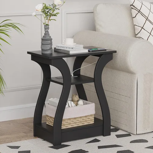 Vista 3 de FROMJBEST - Mesa auxiliar con estación de carga; mesa de lado con puertos USB y tomas de corriente; mesa de noche de sofá de 3 niveles para espacios