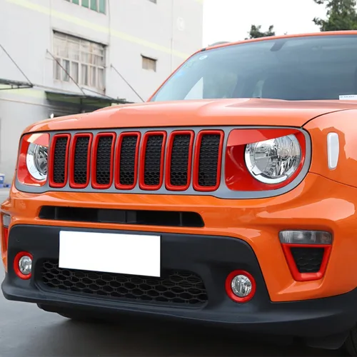 Vista 9 de Insertos de rejilla + lámpara antiniebla delantera + bisel de señal de giro + cubierta de faro delantero para Jeep Renegade 2019+, rojo
