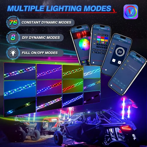 Vista 5 de MICTUNING 2PCS Luces LED Whip W1 de 3 pies con bandera y base de resorte, luces whip de persecución en espiral RGB+IC con APP, sincronización