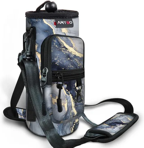 Vista 17 de ARTSO Bolsa de transporte para botella de agua con bolsillo para teléfono, funda de neopreno para botella de agua, bolsa con correa ajustable