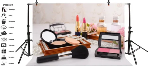 Vista 2 de Leyiyi Telón de fondo de fotografía de 5 x 3 pies para mesa de tocador, maquillaje, productos de vlogger, para fiesta de henna, lápiz labial, brocha