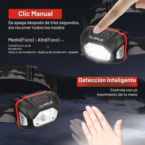 Vista 3 de klarus HM1 2PCS IPX6 Linterna frontal recargable impermeable con sensor de movimiento: 70 horas de duración de la batería, carga completa en 2.5