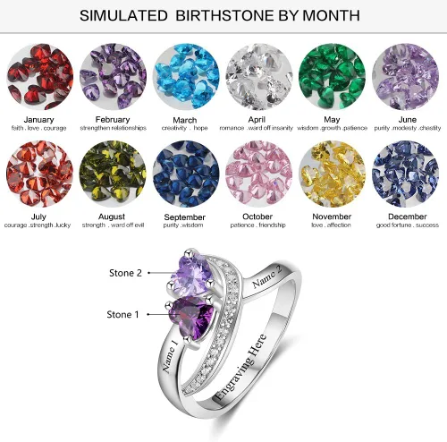 Vista 2 de Diamondido Anillos con nombre personalizado, 2 piedras natales de imitación, anillos de promesa para mujeres, parejas, anillos de compromiso, Piedra
