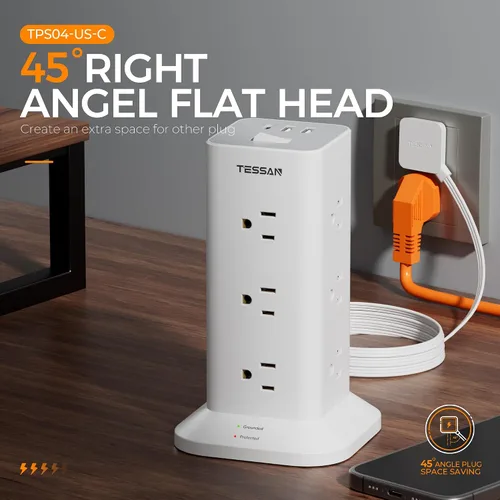 Vista 7 de TESSAN - Regleta de alimentación con protector de sobretensiones, cable de extensión de enchufe plano TESSAN de 10 pies con 12 salidas de CA con 3