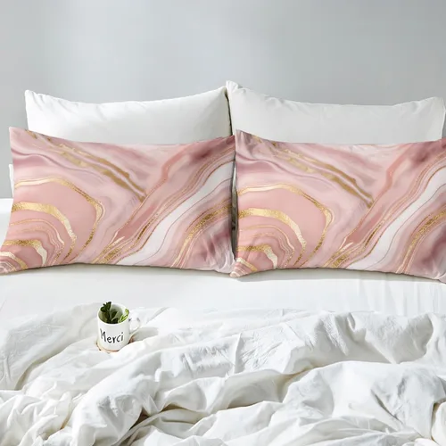 Vista 5 de Erosebridal Juego de sábanas de mármol rosa dorado para niños y niñas, juego de sábanas de mármol metálico, sábanas con textura de mármol degradado