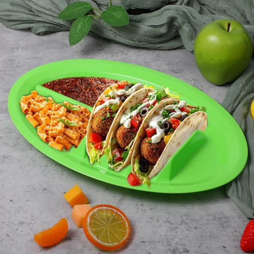 Vista 4 de Paquete de 12 platos coloridos de plástico para tacos, soporte reutilizable para tacos con divisores para 3 tacos y 2 áreas de inmersión, sin BPA