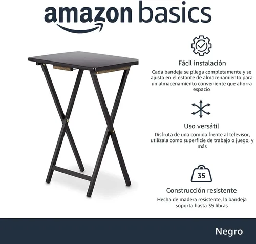 Vista 2 de Amazon Basics Cena portátil para TV, paquete de 4 unidades, mesa rectangular plegable con estante de almacenamiento, color negro, 15 x 19 x 26