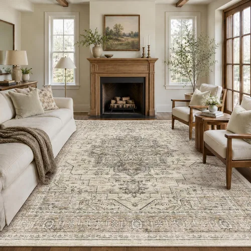 Vista 53 de Alfombra de pasillo vintage de 2 x 6 pies de pelo bajo Marrón beige