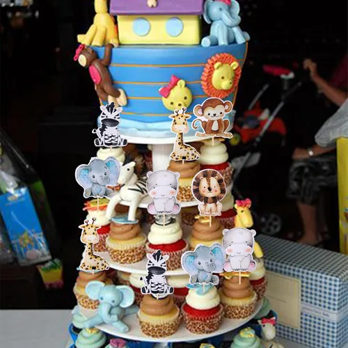 Vista 6 de 36 piezas de decoración para cupcakes de animales de la jungla, león, mono, cebra, hipopótamo, jirafa, elefante, temática de bosque, púas