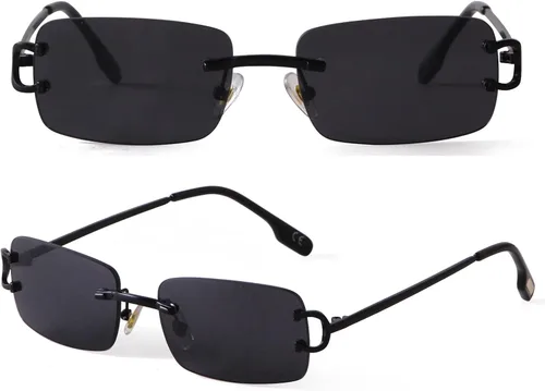 Vista 23 de Rimless Sunglasses for Men Women Small Narrow Rectangle Sunglasses 2 piezas: azul degradado+marrón degradado