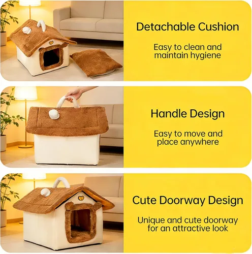 Vista 5 de Cama para gatos de interior, cama tipo cueva de gato con diseño de dibujos animados, diseño de mango, escondite suave para interiores, bonita casa