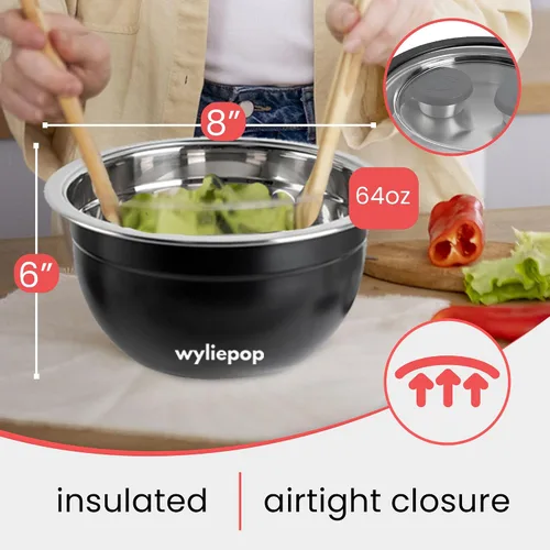 Vista 7 de Kit de Ensaladera de Acero Inoxidable de 64 oz y Juego de Cubiertos de Bambú de 3 Piezas con 2 Recipientes para Condimentos, Bandeja Insertable