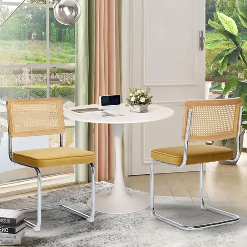 Vista 17 de Juego de 2 sillas de comedor de terciopelo con respaldo de ratán, diseño moderno Breuer con base cromada inoxidable sin brazos tapizada para Beige