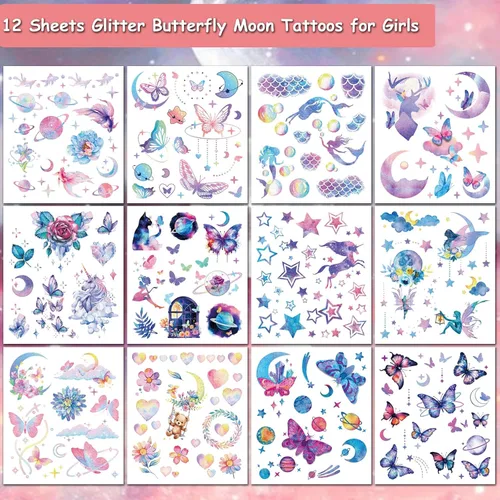 Vista 2 de Tatuajes con purpurina para niñas y mujeres, 12 hojas con purpurina de mariposa, luna, flores, sirena, tatuajes temporales para niñas, suministros