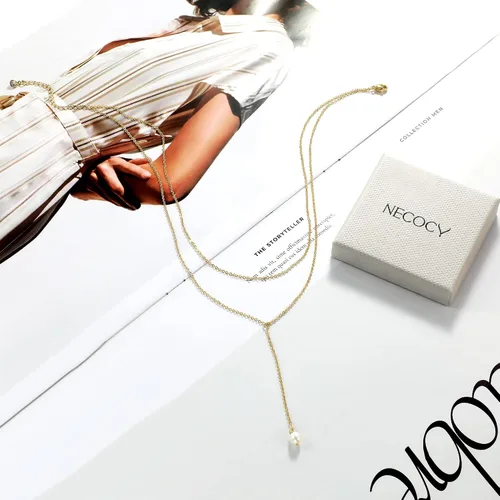 Vista 8 de Necocy Collares largos para mujer, chapado en oro de 14 quilates, collar de barra circular de perlas de circonita cúbica en forma de Y, collar