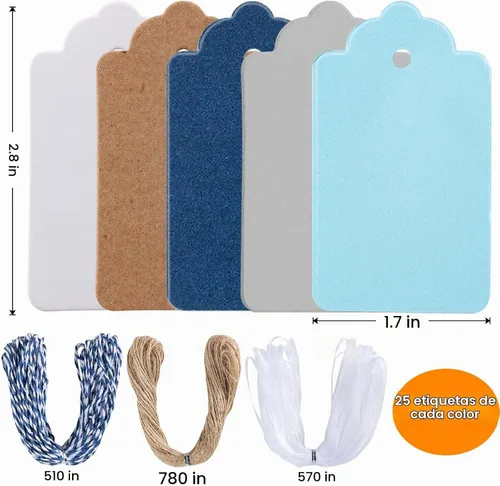Vista 2 de Primbeeks 125 unidades, etiquetas de regalo premium, etiquetas de papel kraft de 5 colores con cordón, disponibles en doble cara, etiquetas