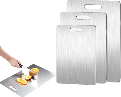 Vista 8 de Juego de tablas de cortar de acero inoxidable de 3 a 2 caras para cocina, tabla de cortar de acero inoxidable 304 no plástica para carne, frutas
