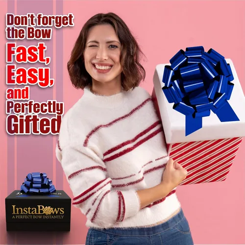 Vista 6 de Lazo de regalo grande azul de 12 pulgadas, lazo metálico con cuerda de tirar perfecto para envolver regalos, grandes presentes, autos, bicicletas