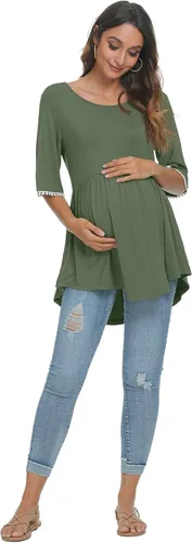 Vista 5 de Xpenyo Camisetas de maternidad con mangas acampanadas de encaje, camisetas tipo túnica de embarazo