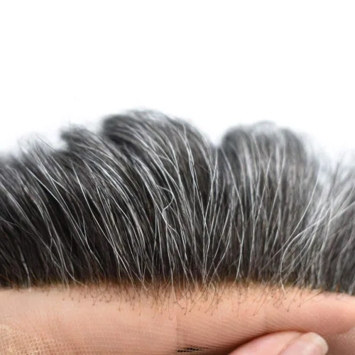 Vista 4 de Toupee para hombres, sistema de reemplazo de cabello humano Remy, nudos blanqueados, encaje frontal, piel fina, para hombre, color gris, pelucas