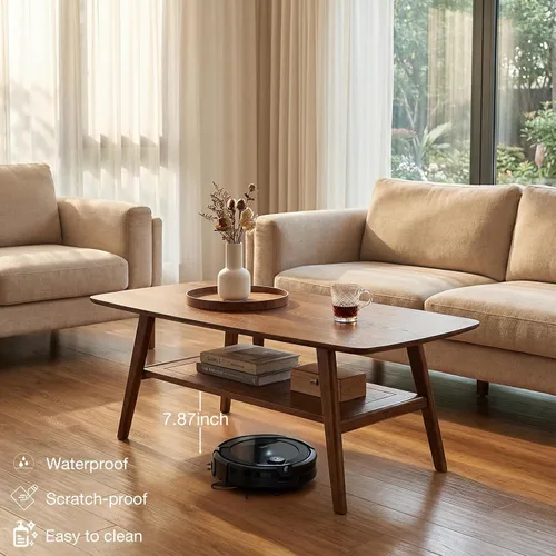 Vista 5 de Mesa auxiliar de madera maciza de 2 niveles para sala de estar (nogal, 31.49 pulgadas) Mid-century modern design with natural wood grain. Safe and