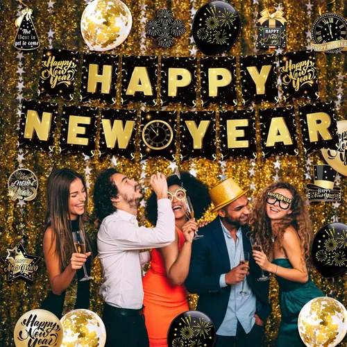 Vista 8 de Decoraciones de Año Nuevo 2025, suministros de fiesta de feliz año nuevo negro dorado con banderines, espirales colgantes, accesorios de cabina