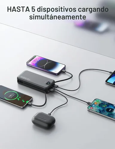 Vista 6 de Cargador portátil Power Bank 20000mAh con cables integrados y enchufe de pared Negro