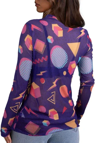 Vista 4 de Camisa de manga larga de malla de los años 80 y 90 para mujer, trajes de fiesta temática de los años 90 y 80, trajes retro sexy de neón con cuello