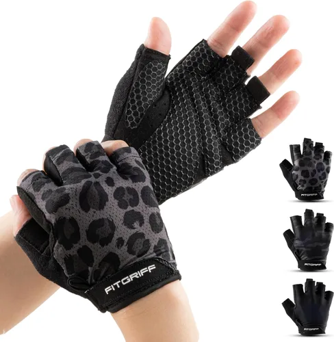 Vista 9 de Fitgriff® Guantes de entrenamiento (acolchados) para hombres y mujeres, guantes de gimnasio sin dedos para levantamiento de pesas, entrenamiento