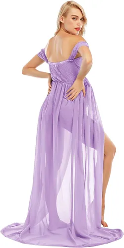 Vista 5 de ZIUMUDY Vestido de gasa de maternidad con hombros descubiertos para sesión de fotos, vestido largo de encaje frontal dividido para fotografía