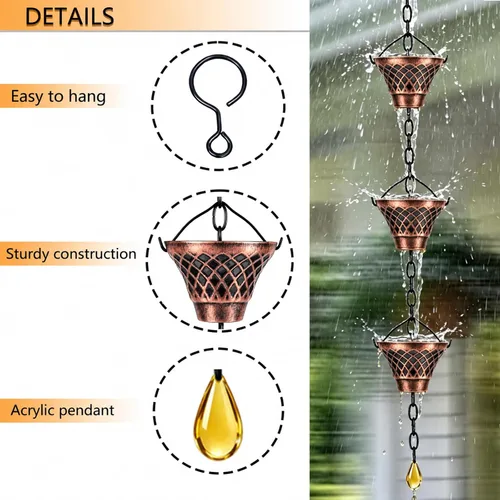 Vista 3 de Cadenas de lluvia para canaletas exteriores, cadena de canal de metal de Cobre