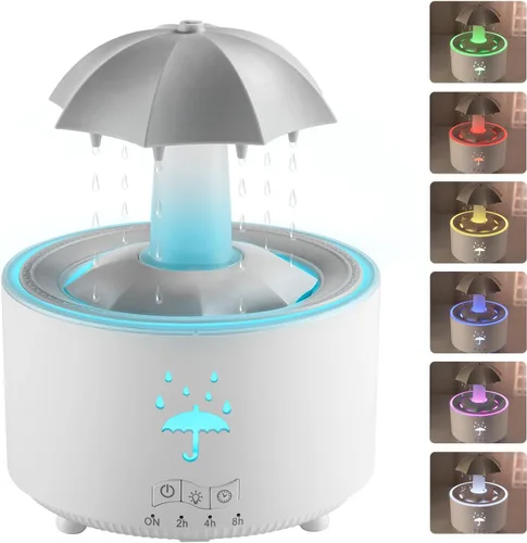 Vista 8 de Humidificador estético 2 en 1 difusor de aceite con gota de lluvia giratoria y 7 luces LED de estado de ánimo, humidificador de niebla fría