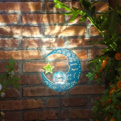 Vista 3 de Hapjoy - Luces solares para exteriores, decoración de jardín para patio, césped o camino, decoraciones de luna, luces de estaca de metal con diseño