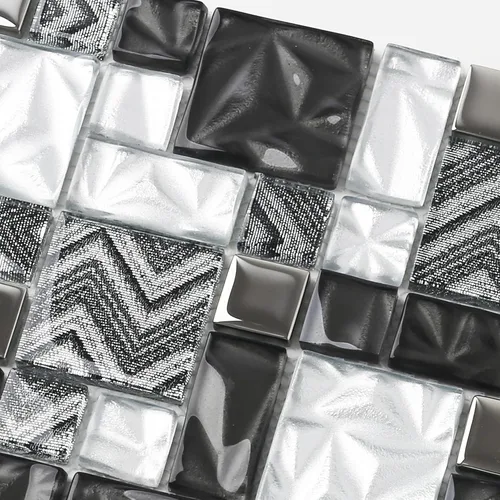 Vista 2 de Azulejos de vidrio blanco y negro para cocina, baño, pared, salpicadero, mosaico, patrón de Versalles [Juego de 5]