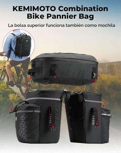 Vista 2 de KEMIMOTO Combo de alforjas de bicicleta 3 en 1, bolsa de comestibles para sillín de bicicleta con cubierta impermeable para lluvia, 52 L, gran